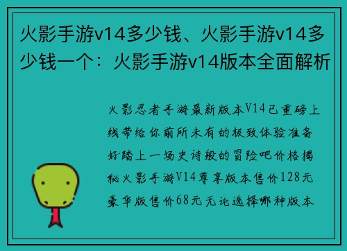 火影手游v14多少钱、火影手游v14多少钱一个：火影手游v14版本全面解析，价格及内容详解